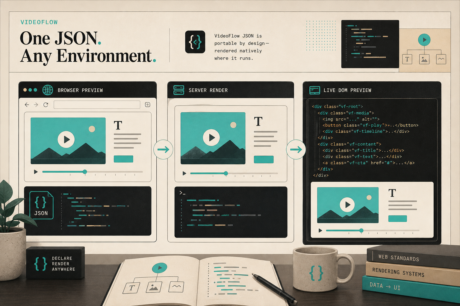 VideoFlow renders the same JSON in browser server and live preview
