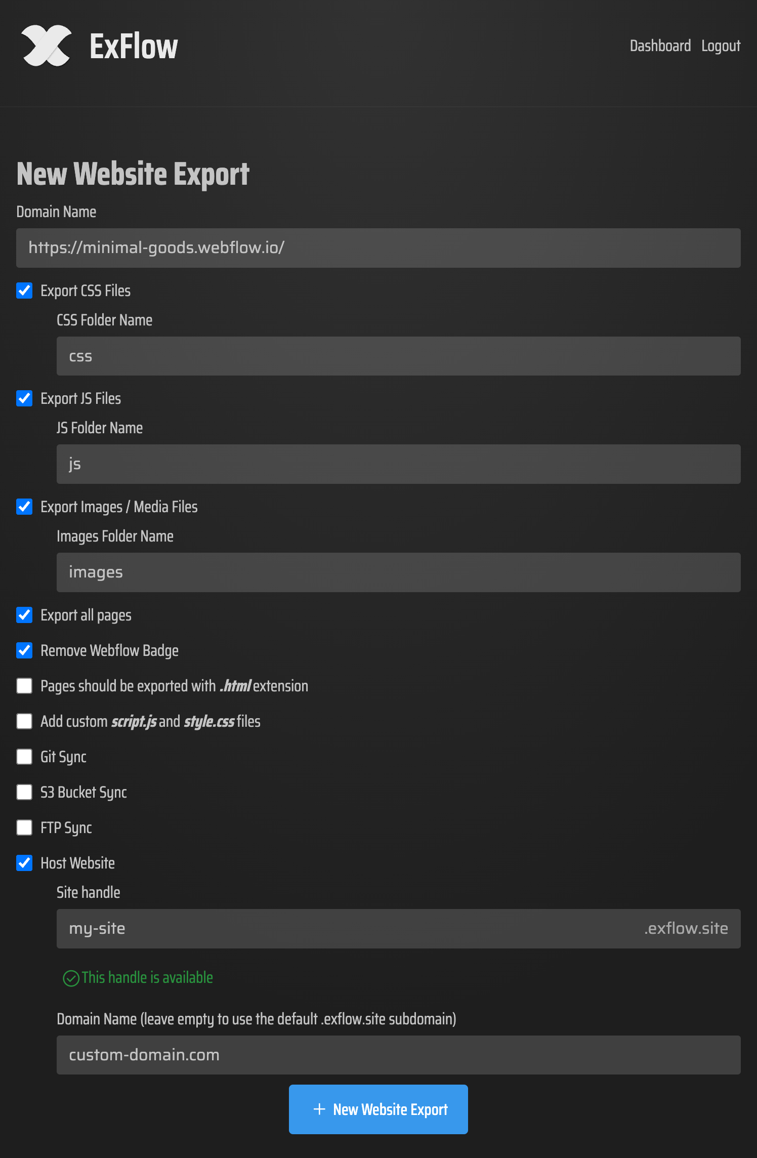 ExFlow export settings