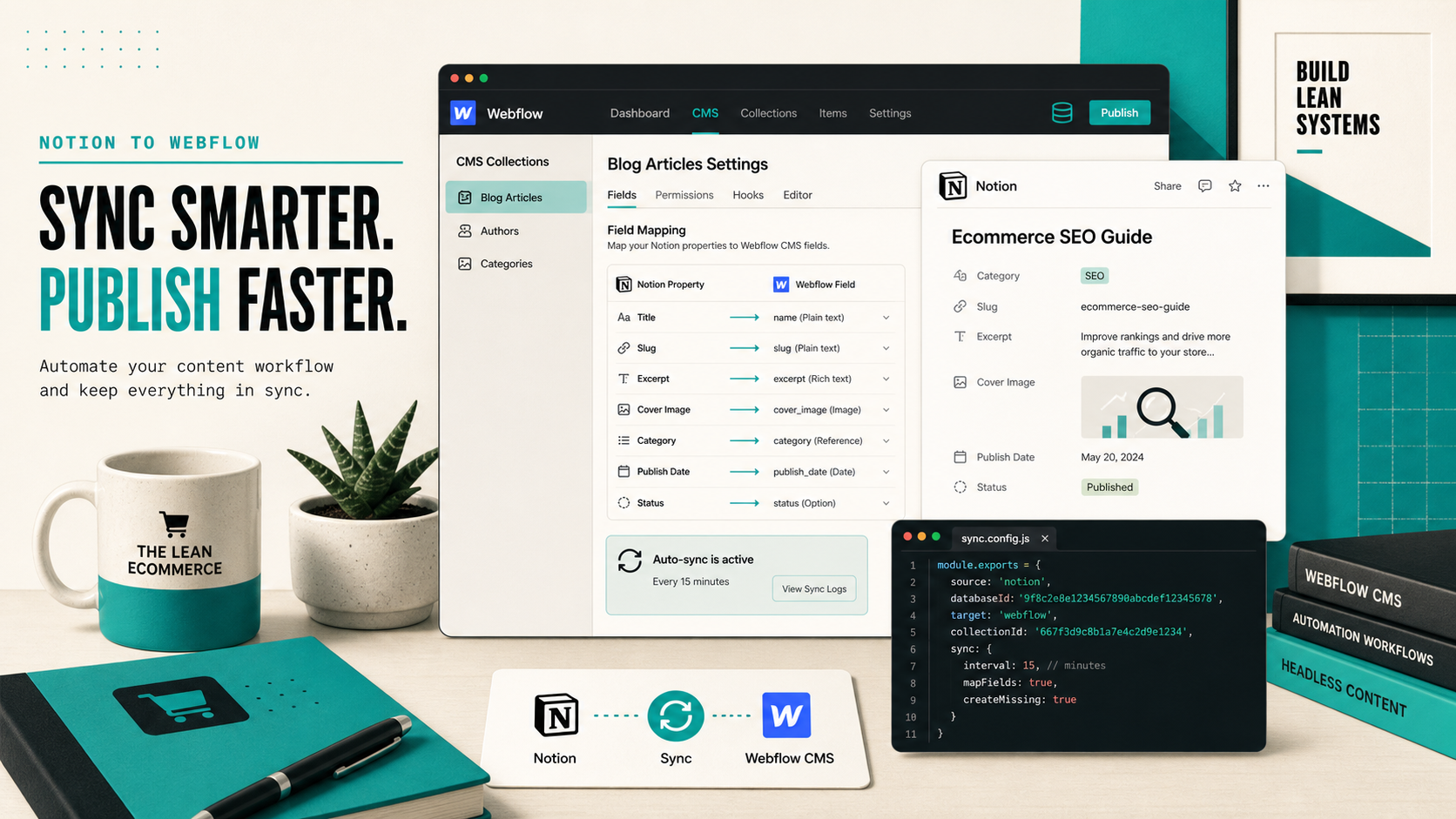 Editorial illustration of Webflow field mapping and sync settings