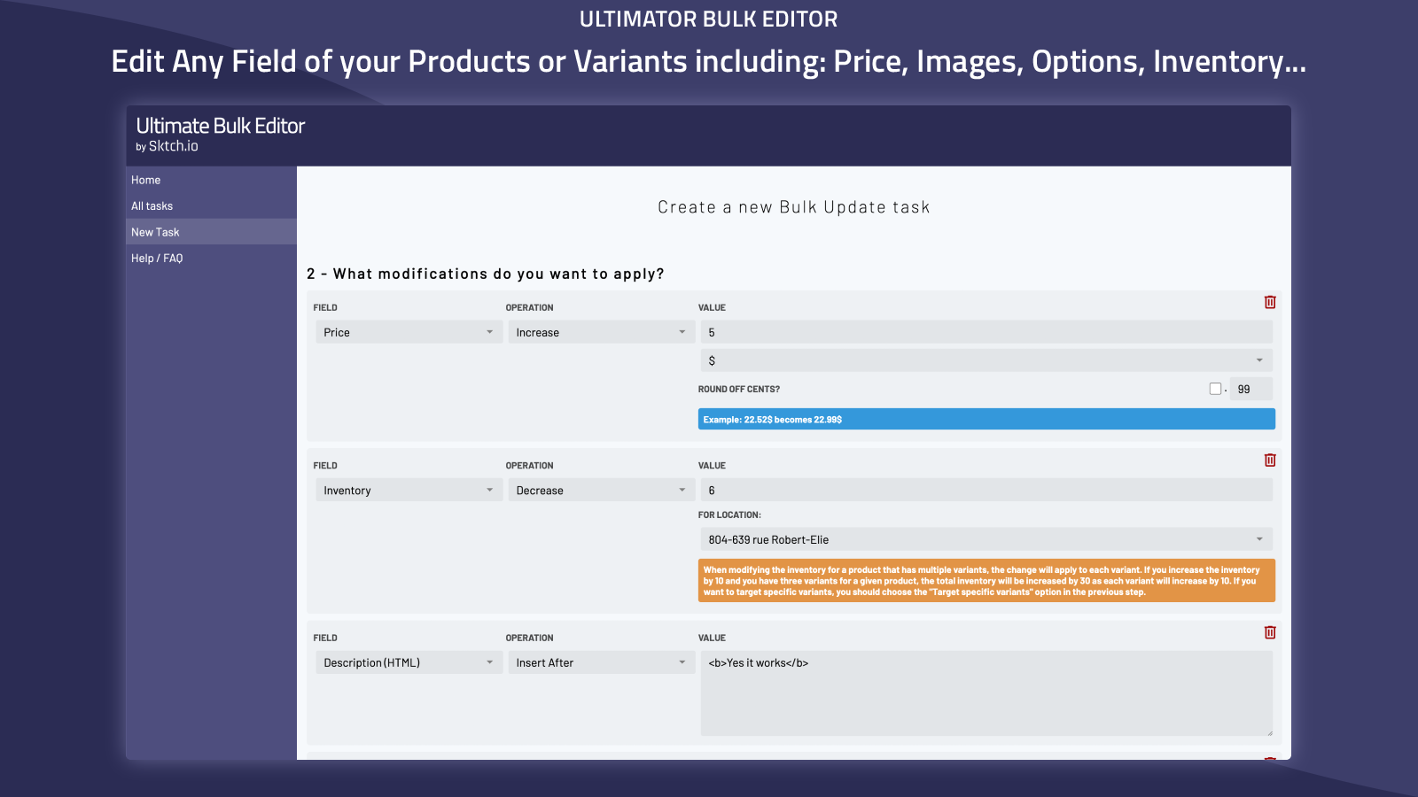 Editing product fields in a bulk update task