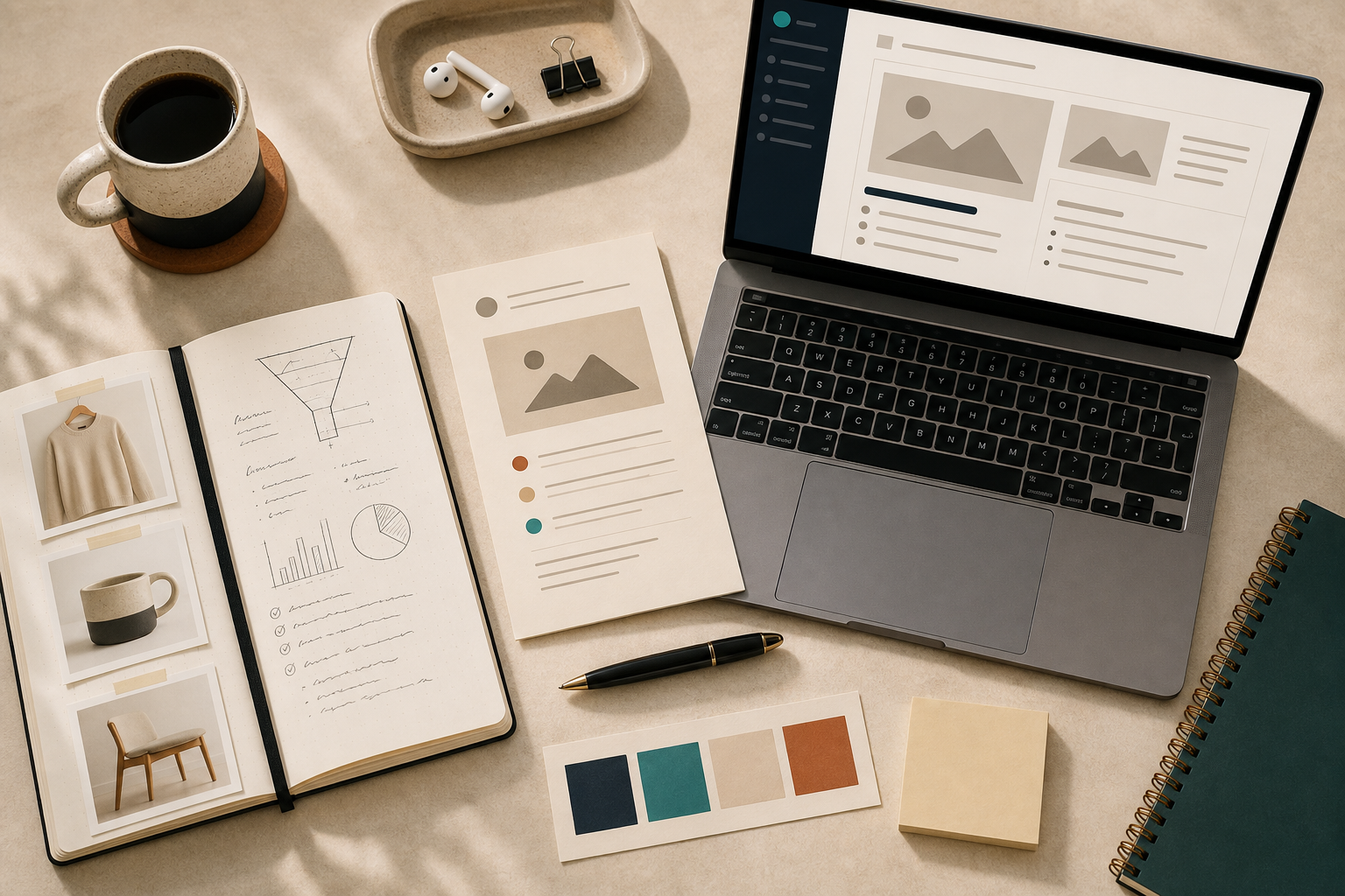 Product notes and blog brief beside a laptop