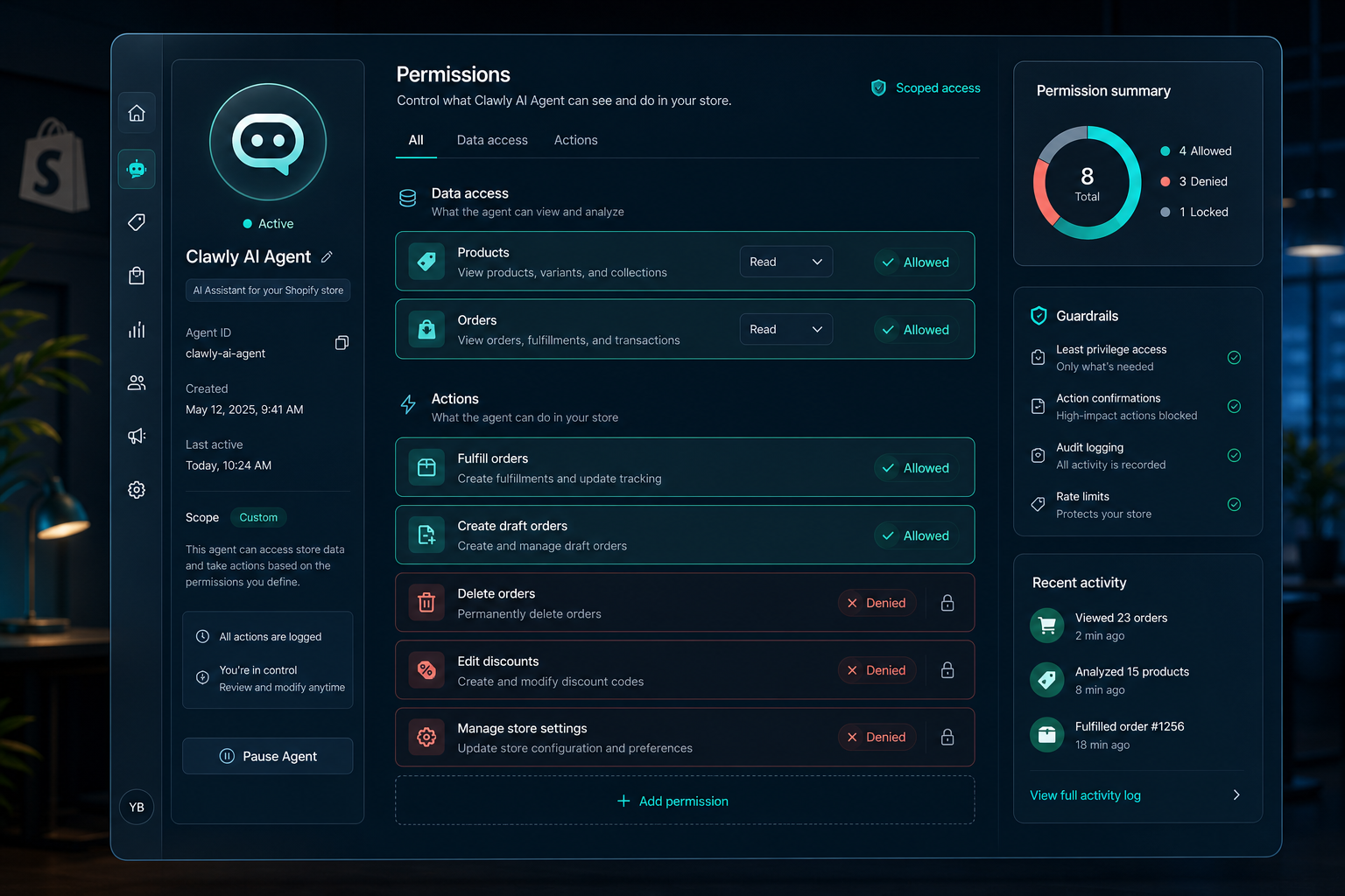 Shopify AI agent permissions dashboard