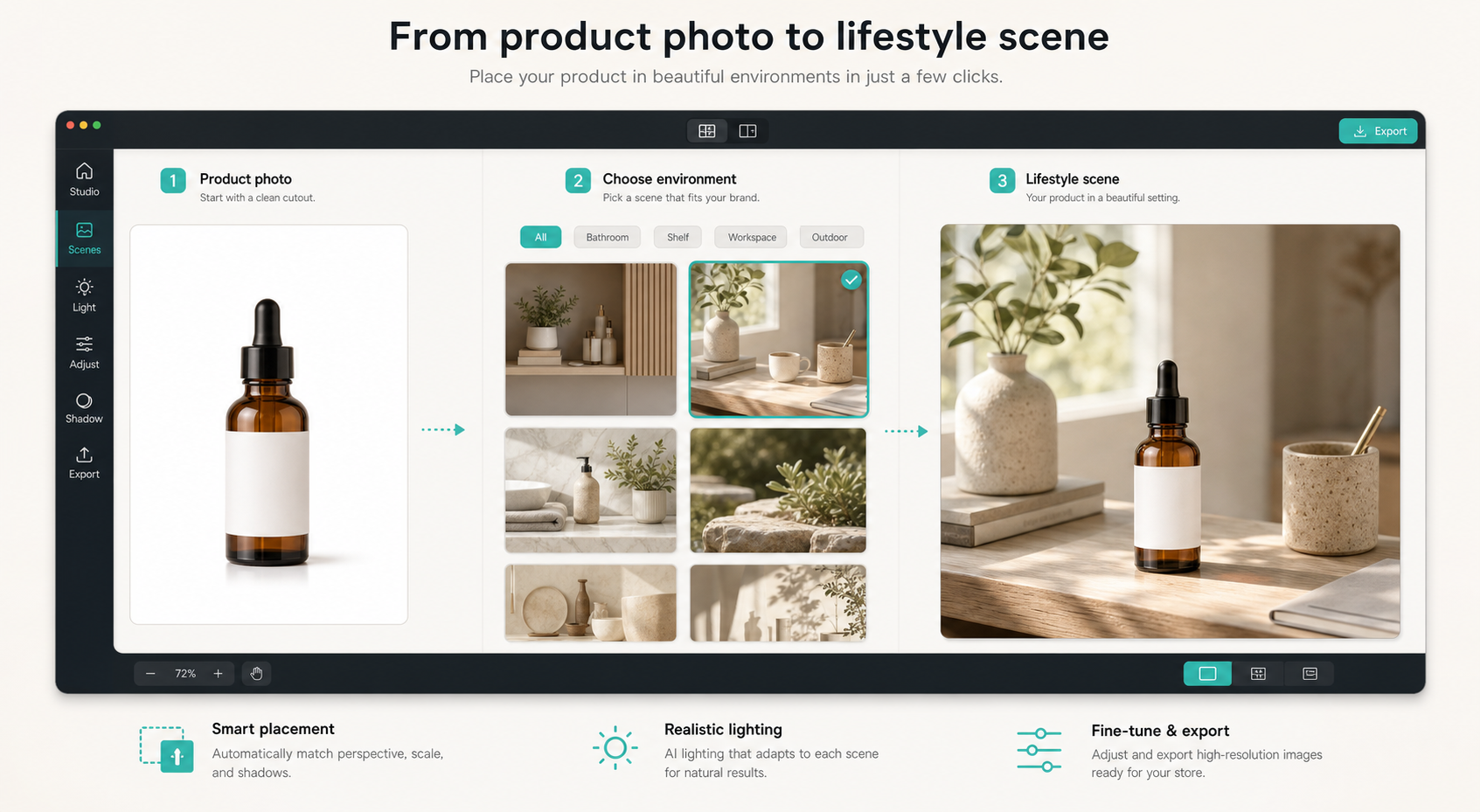 Lifestyle scene workflow showing a product moving from cutout to styled placement