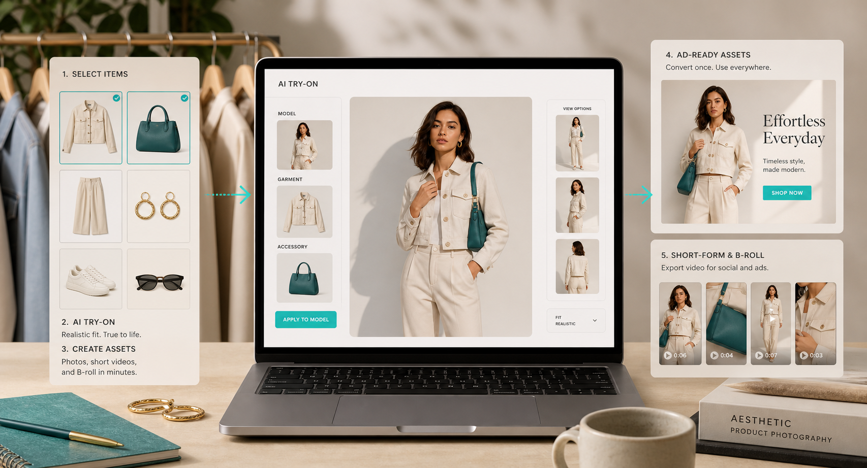 AI try-on and ad-ready asset workflow on a laptop in a studio setup