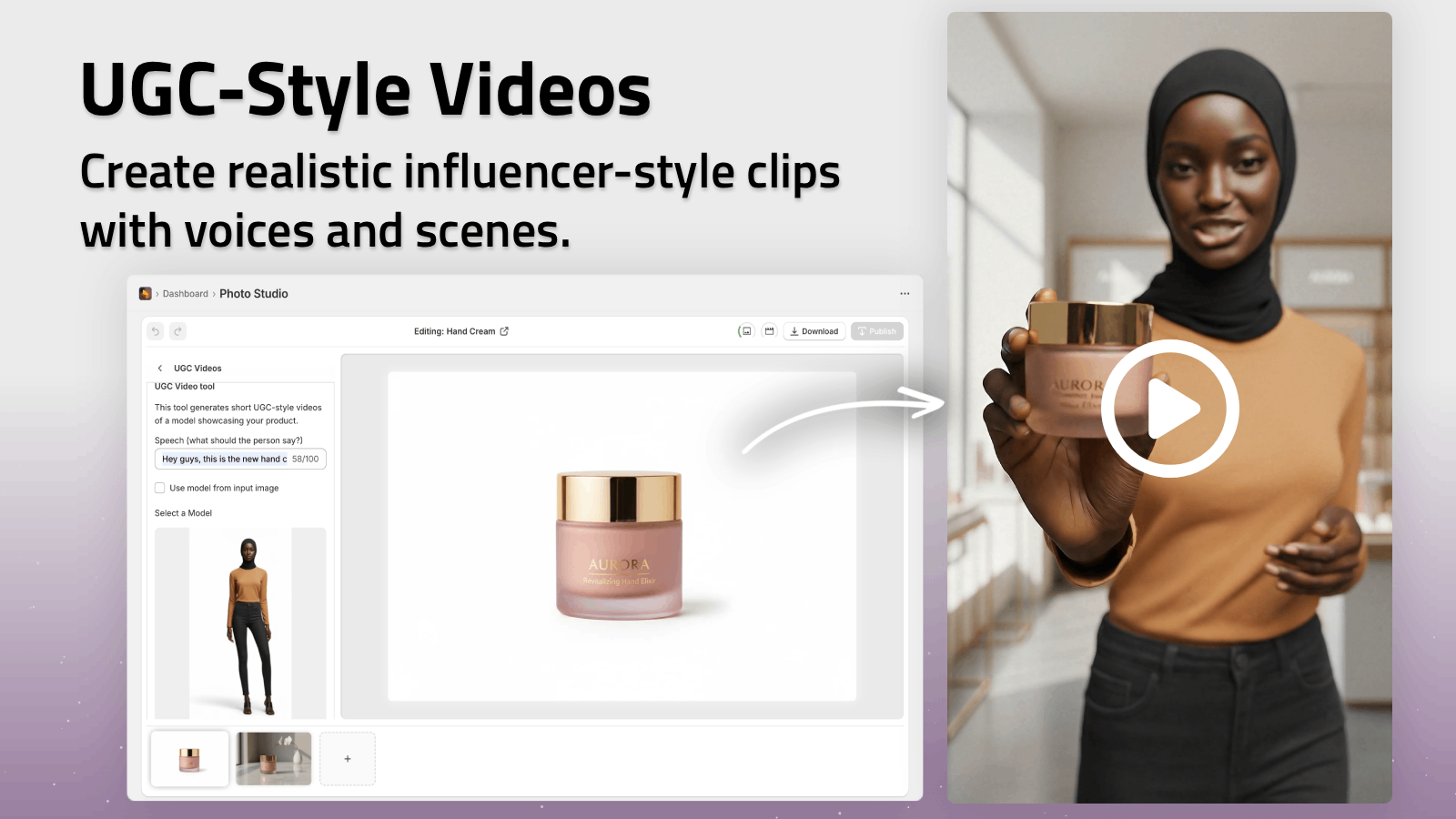 UGC-style videos feature screenshot from Supra AI Photo Studio