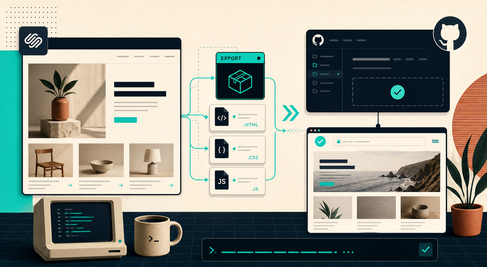 Retro export flow showing a Squarespace site moving into static HTML, CSS, and JavaScript files