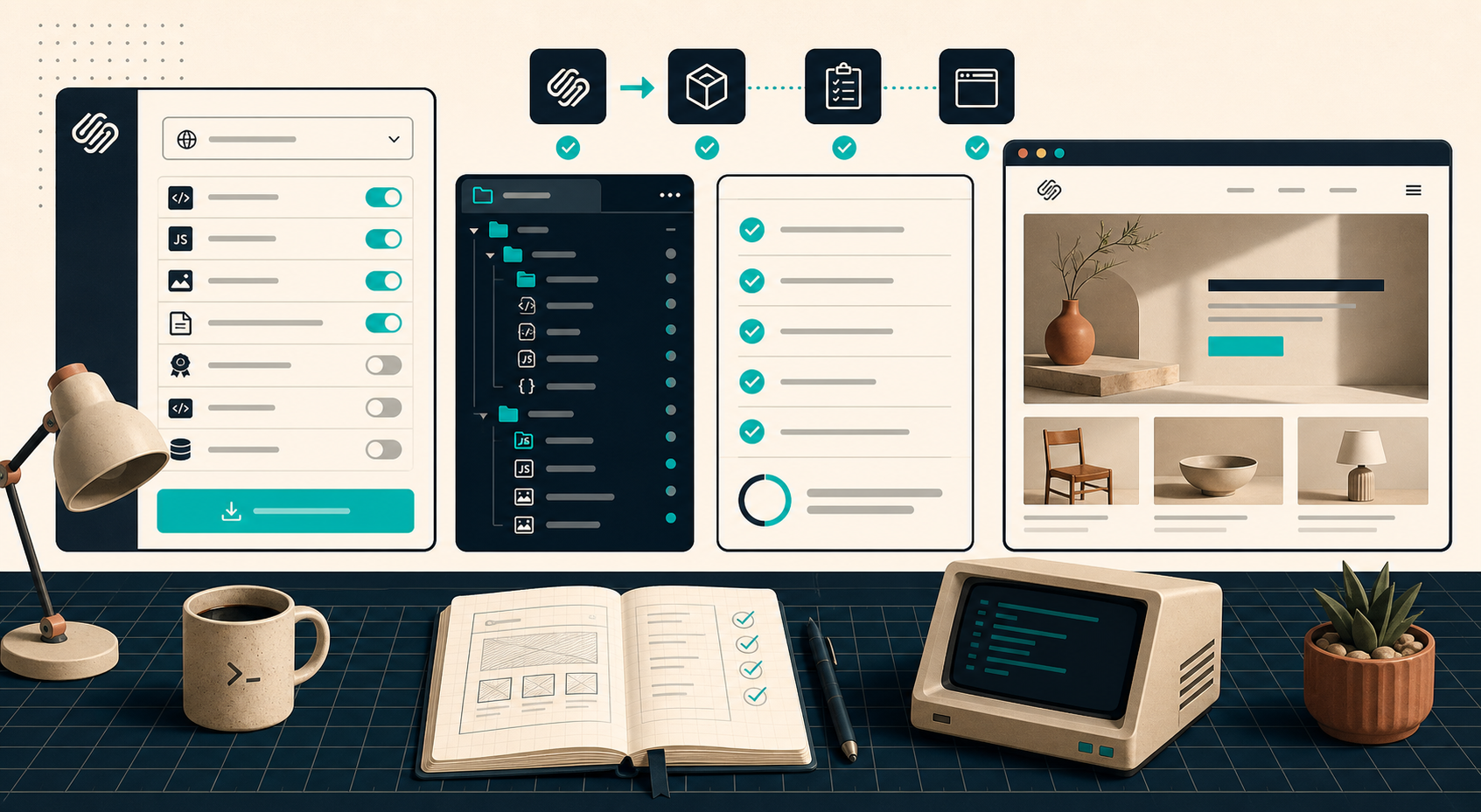Squarespace export review checklist with file tree and browser preview