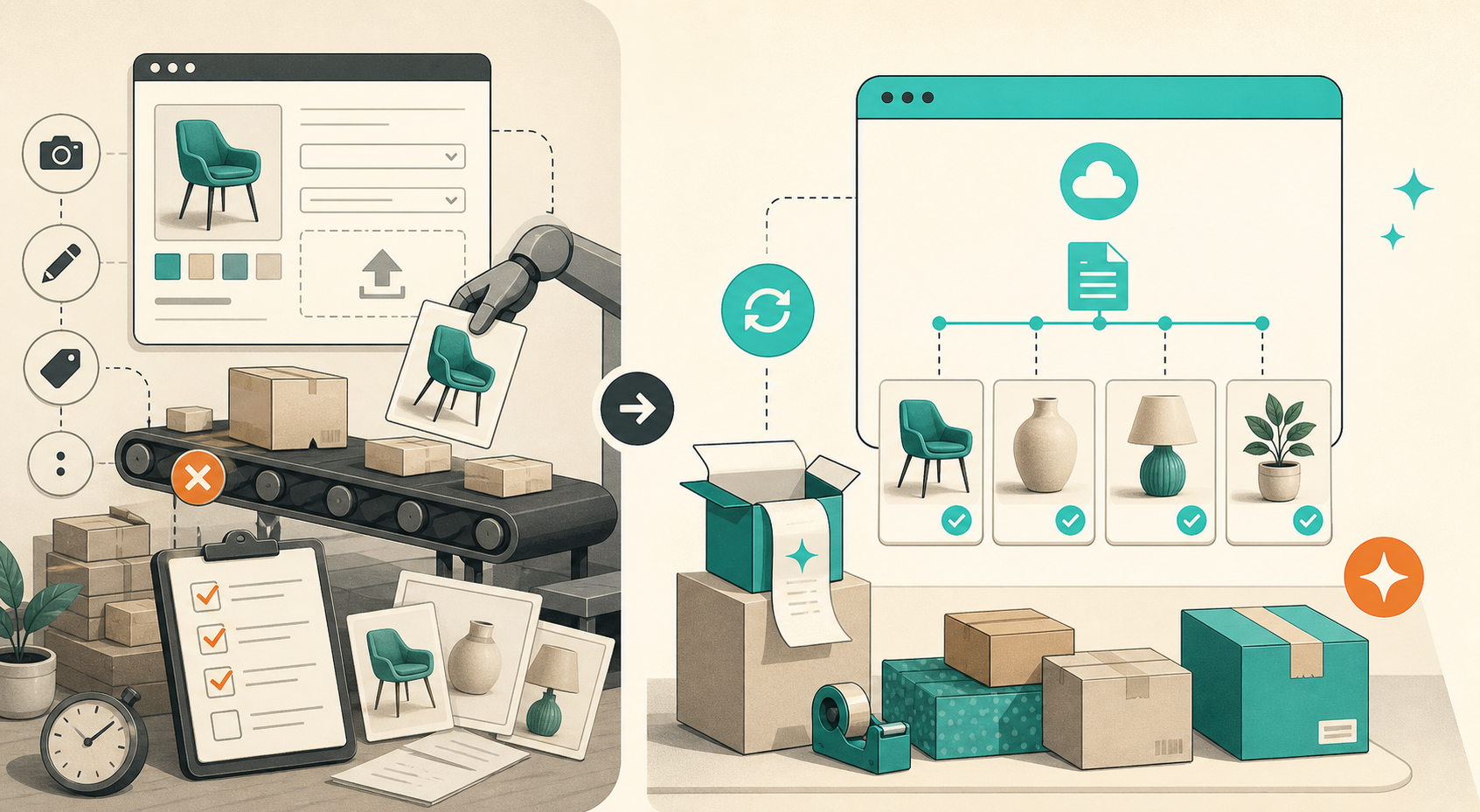 Manual upload workflow compared with a one-URL catalog feed