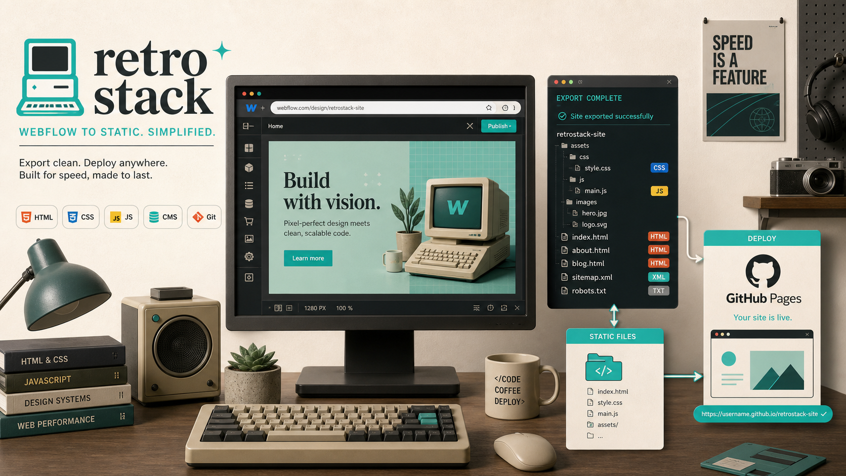 Retro banner showing Webflow export to static hosting