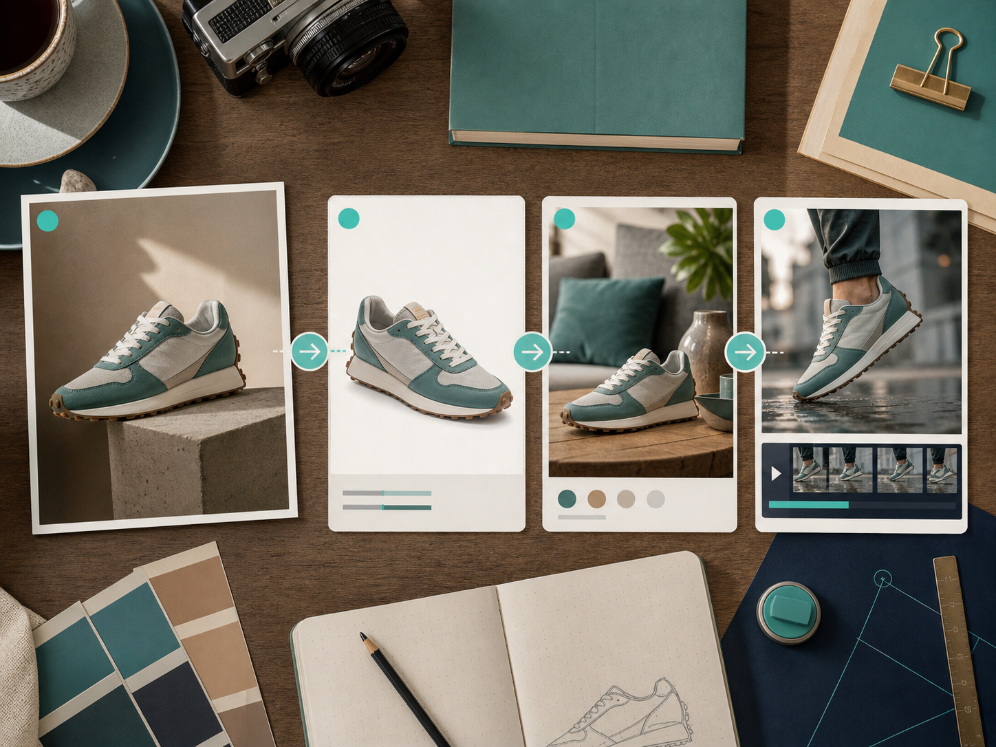 A workflow board showing one shoe photo branching into catalog, lifestyle, and ad variants
