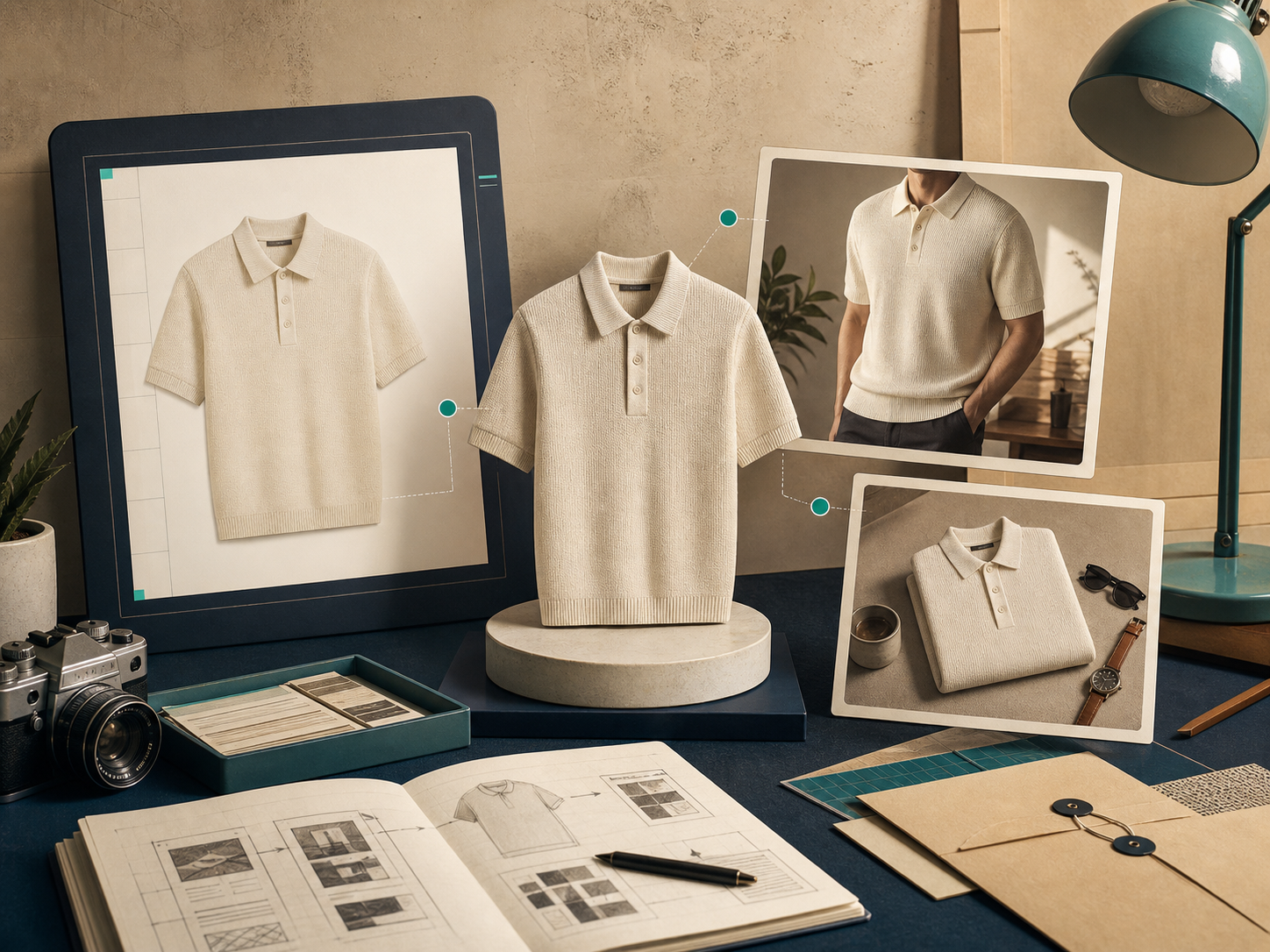A polished desk scene showing multiple fashion outputs from one source image