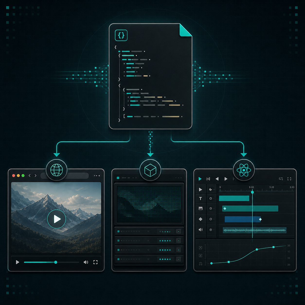 VideoFlow JSON project diagram with browser, server, and editor outputs