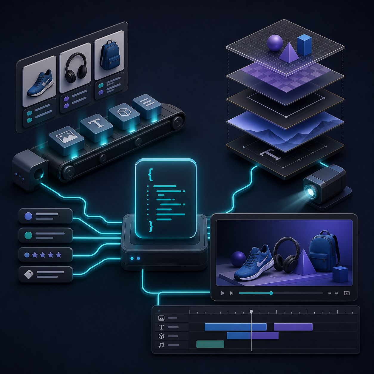 Product cards and timeline showing a product-data to scene assembly workflow