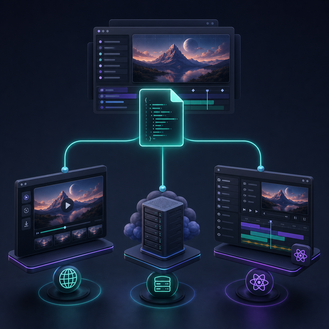 One VideoFlow project rendered to browser preview, server output, and React editor