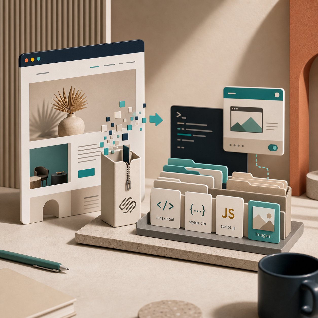 Static file workflow illustration for a Squarespace export article
