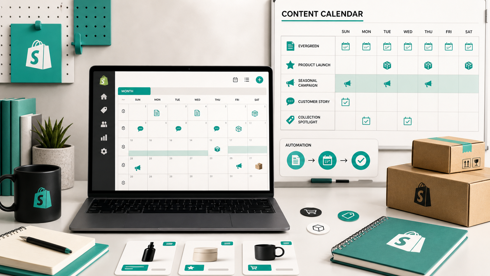 Monthly Shopify content calendar with automation workflow