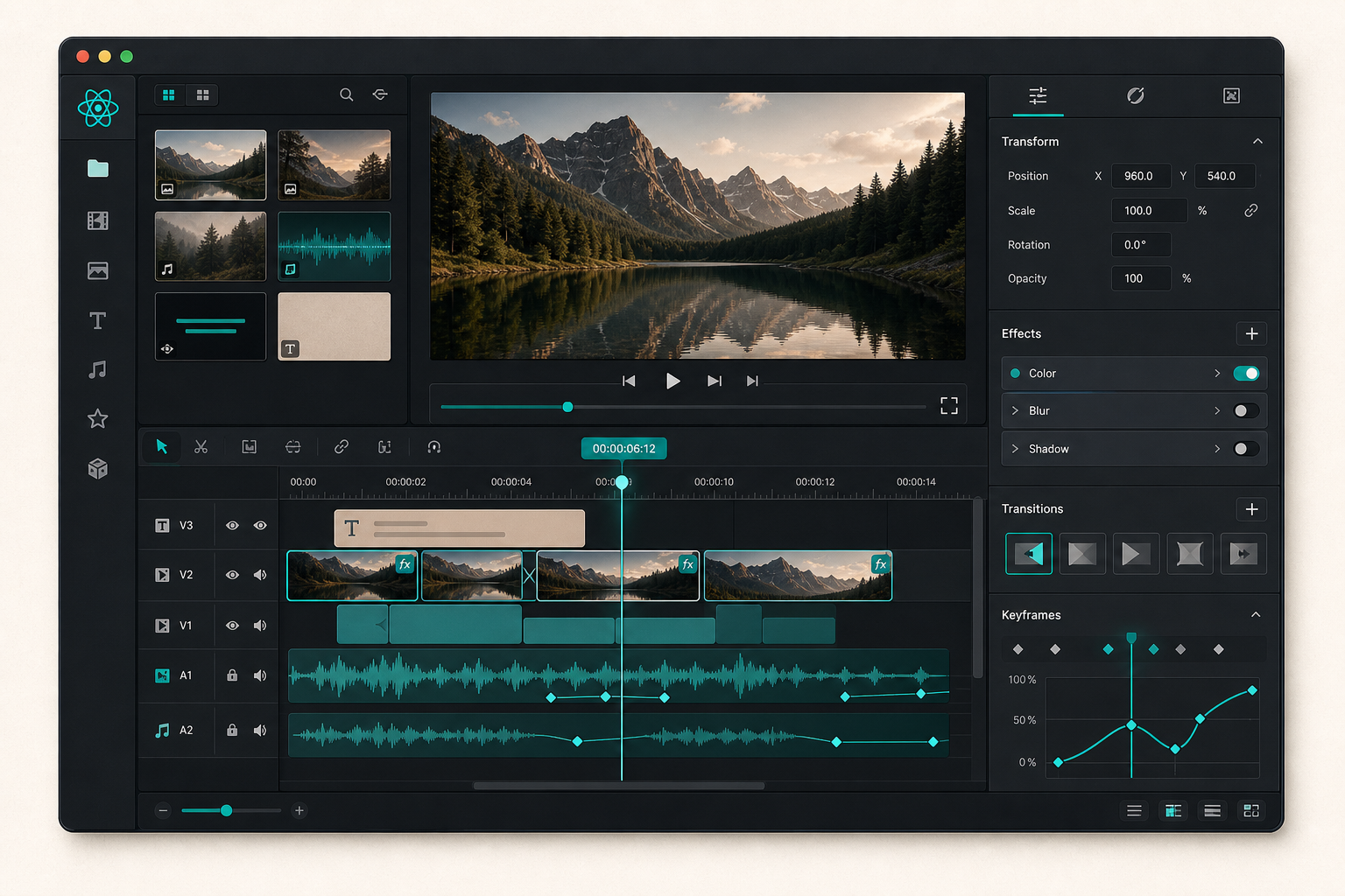 React video editor timeline with tracks keyframes and inspector