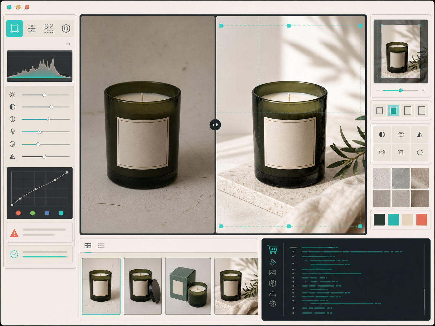 Before and after Shopify product photo cleanup inside an AI studio editor