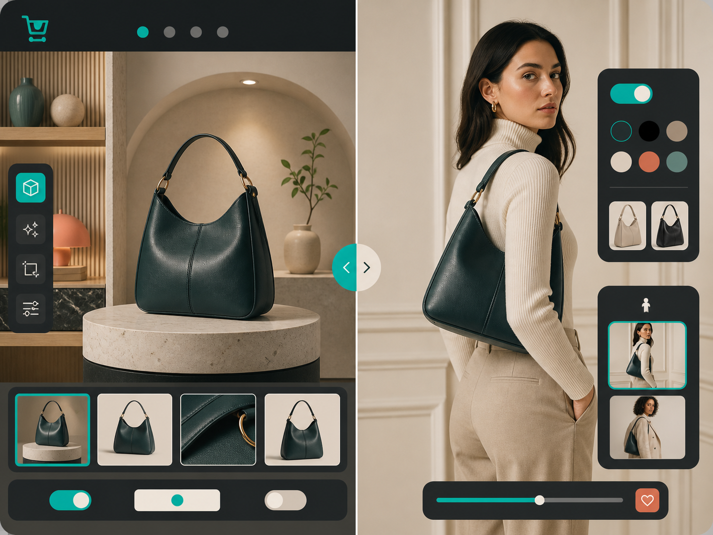 Split view comparing product placement and AI model try-on for Shopify