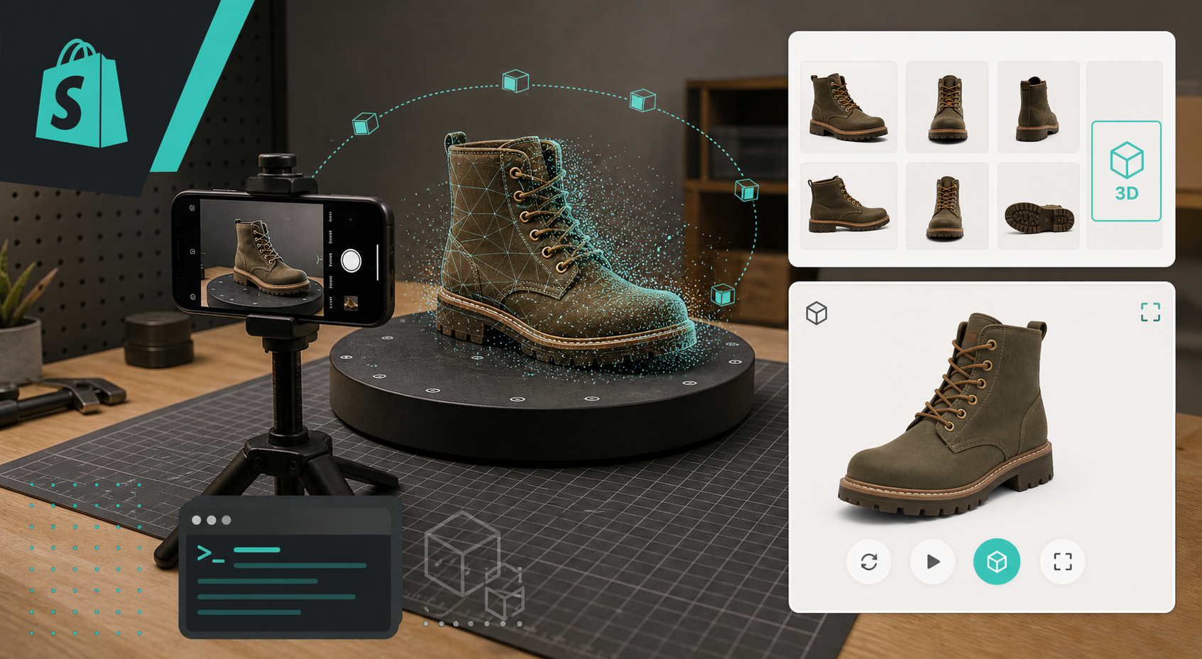 Shopify 3D capture workflow banner with phone, product, and viewer