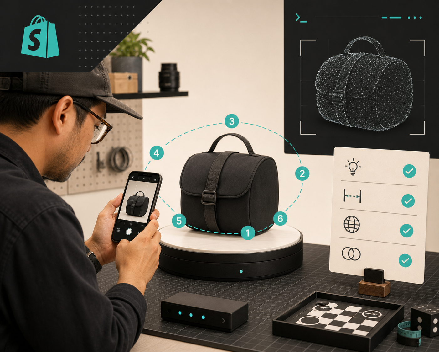 A merchant capturing a product on a turntable for photogrammetry
