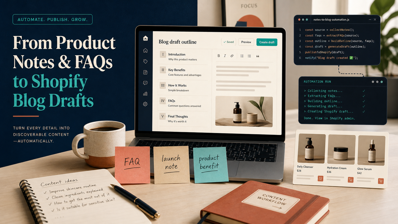 Retro ecommerce workspace showing product notes becoming Shopify blog drafts