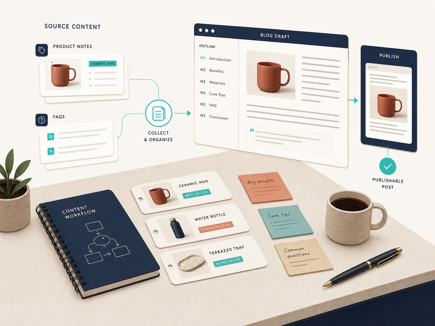 Workflow diagram turning product notes and FAQs into a publishable post