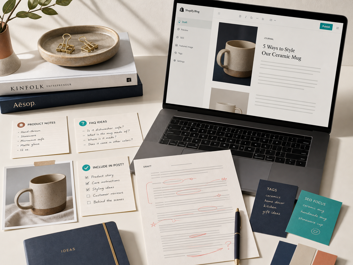 Editorial desk setup for deciding what belongs in a Shopify blog post