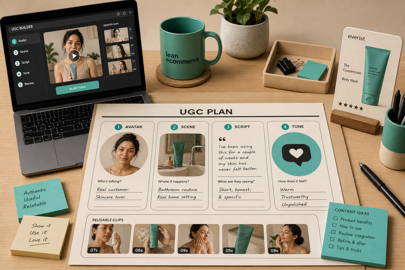 A reusable UGC planning board with avatar, scene, script, and tone