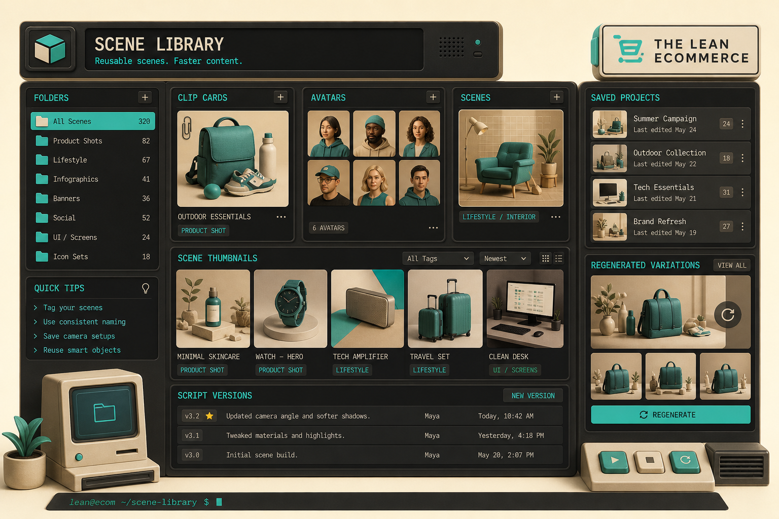 Reusable scene library and saved projects for UGC videos