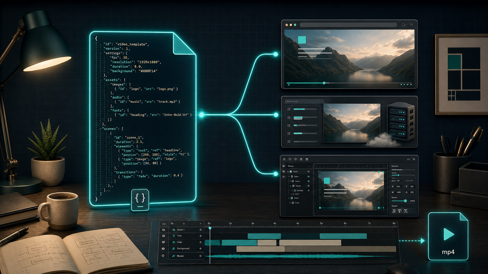 VideoFlow template branching into browser, server, and editor outputs