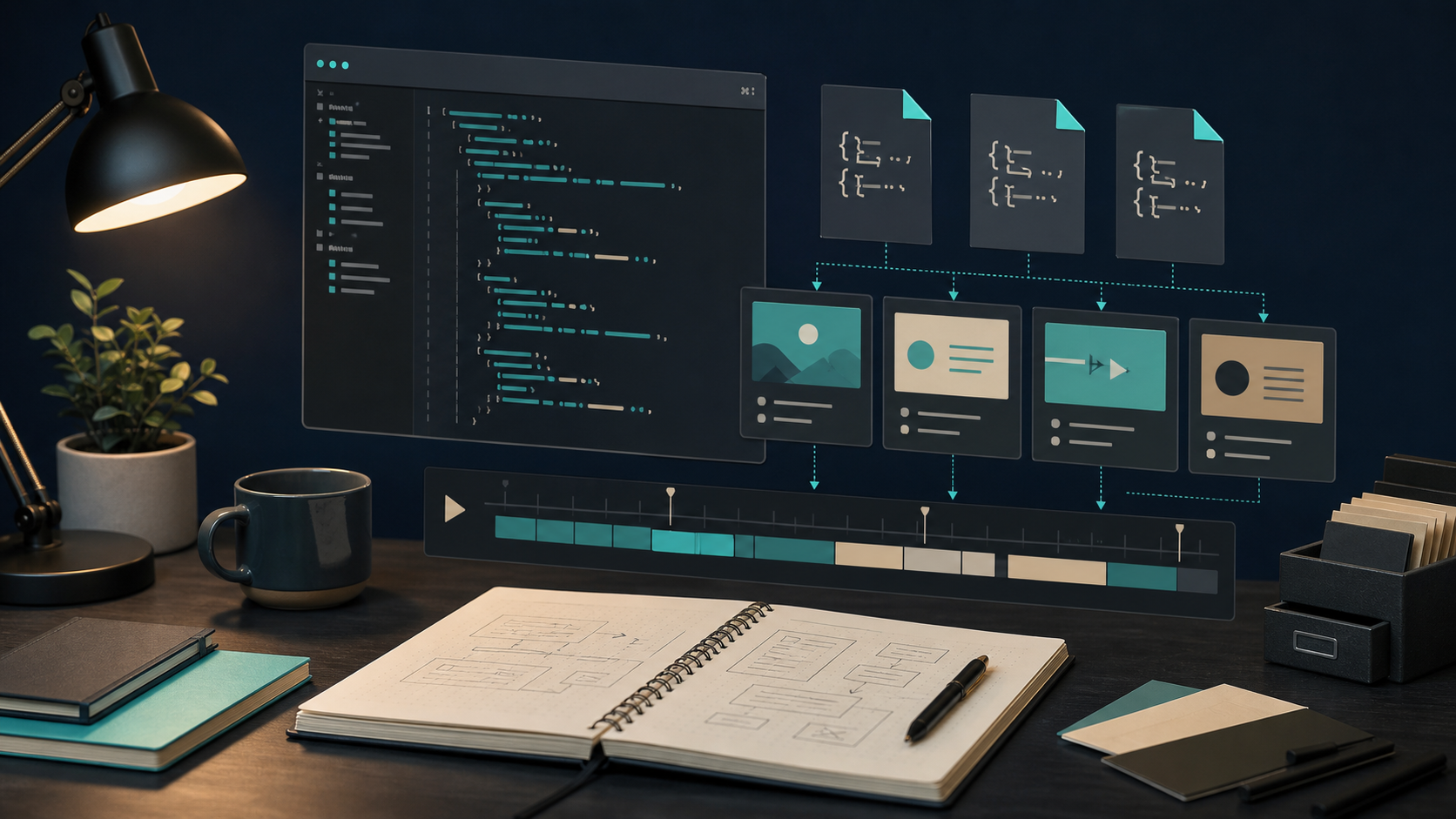 Developer desk scene for a maintainable video template workflow