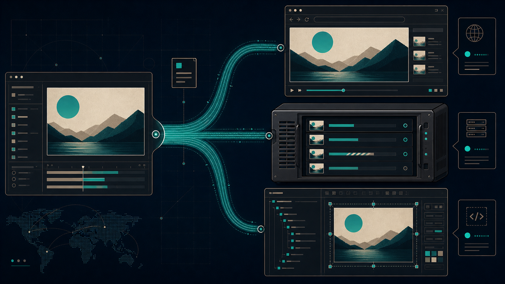 One video template rendering through browser, server, and DOM preview