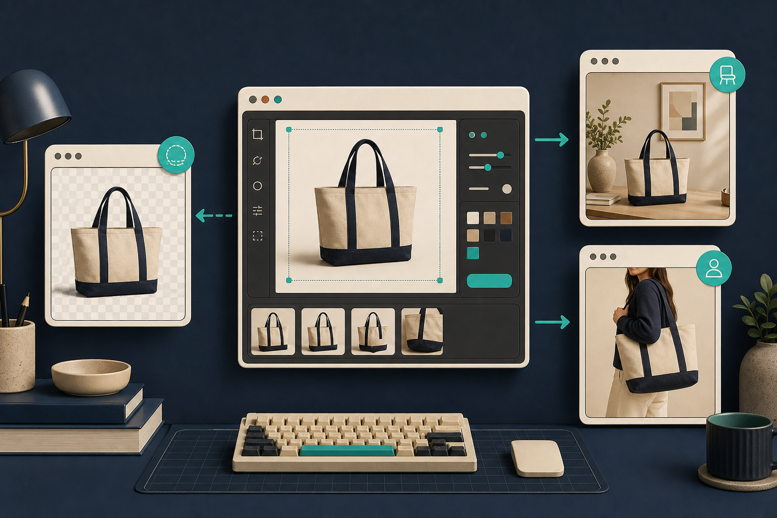 Workflow illustration for turning one product photo into multiple Shopify assets