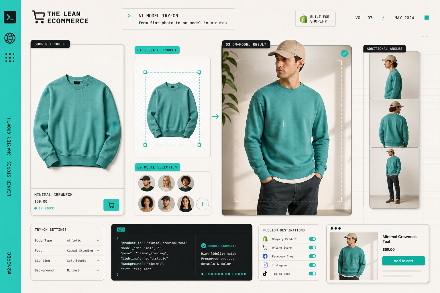 AI model try-on workflow showing a product photo isolated and placed on a realistic model