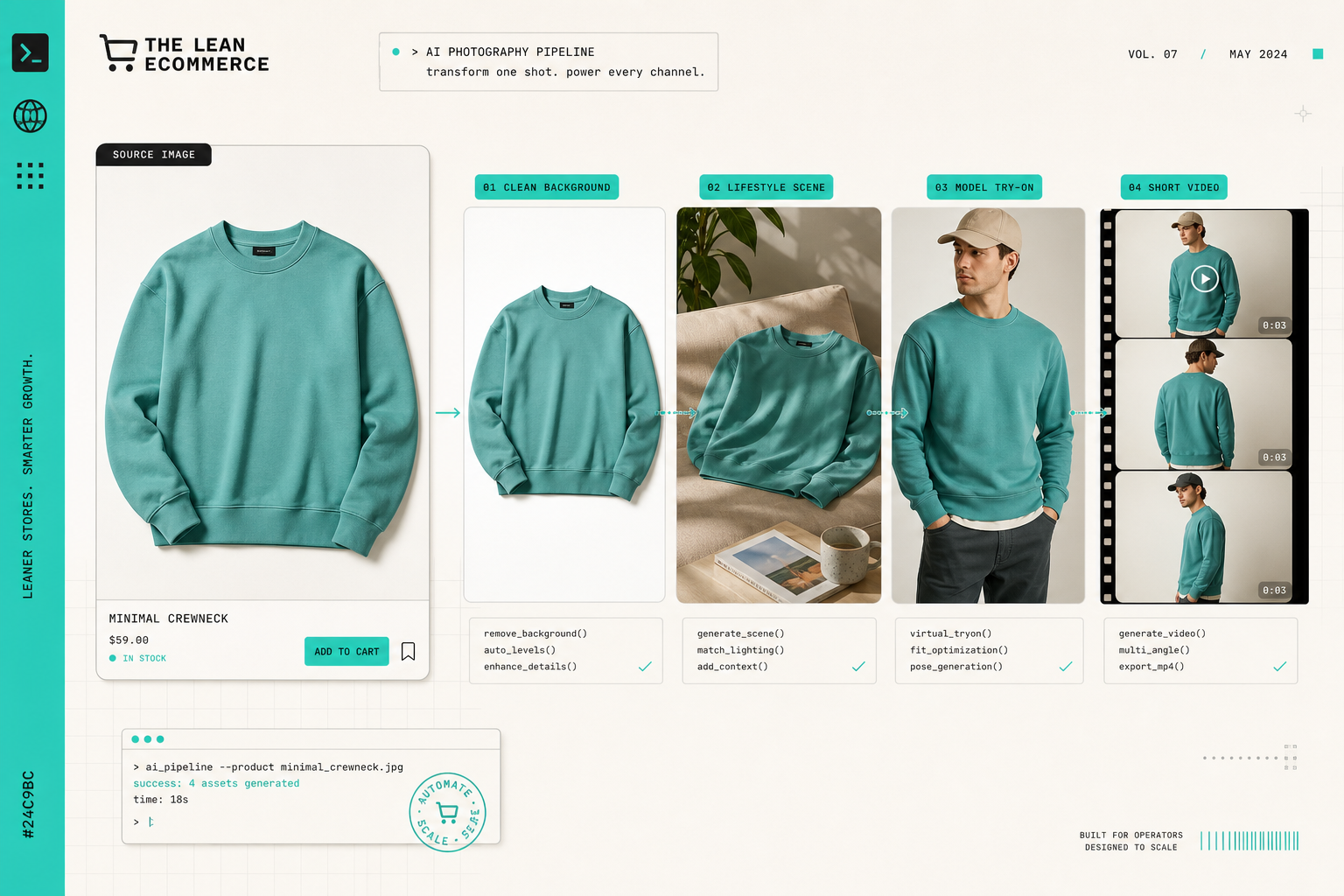 Retro editorial workflow diagram showing one product photo transforming into multiple ecommerce visuals
