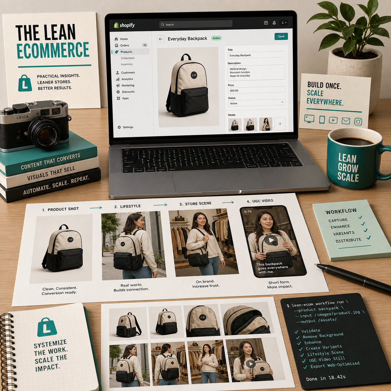 A desk scene showing product shots turning into ad variants and video frames