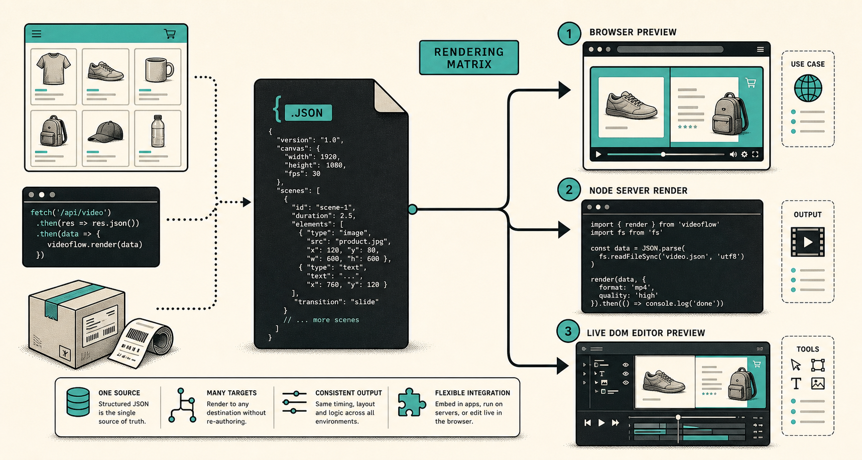 One JSON source feeding browser preview, server render, and live editor preview
