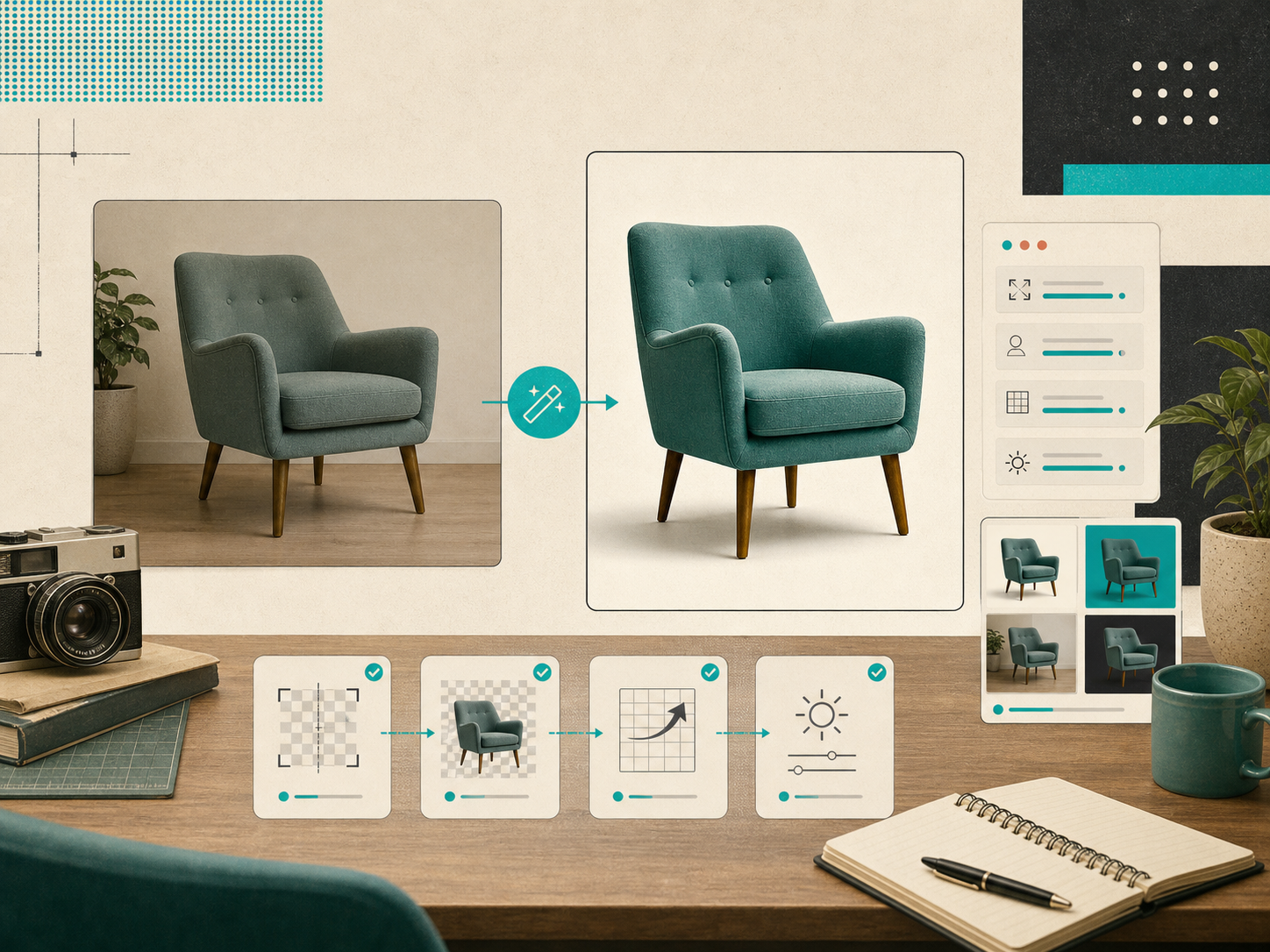 A product photo cleanup workflow with background removal and enhancement
