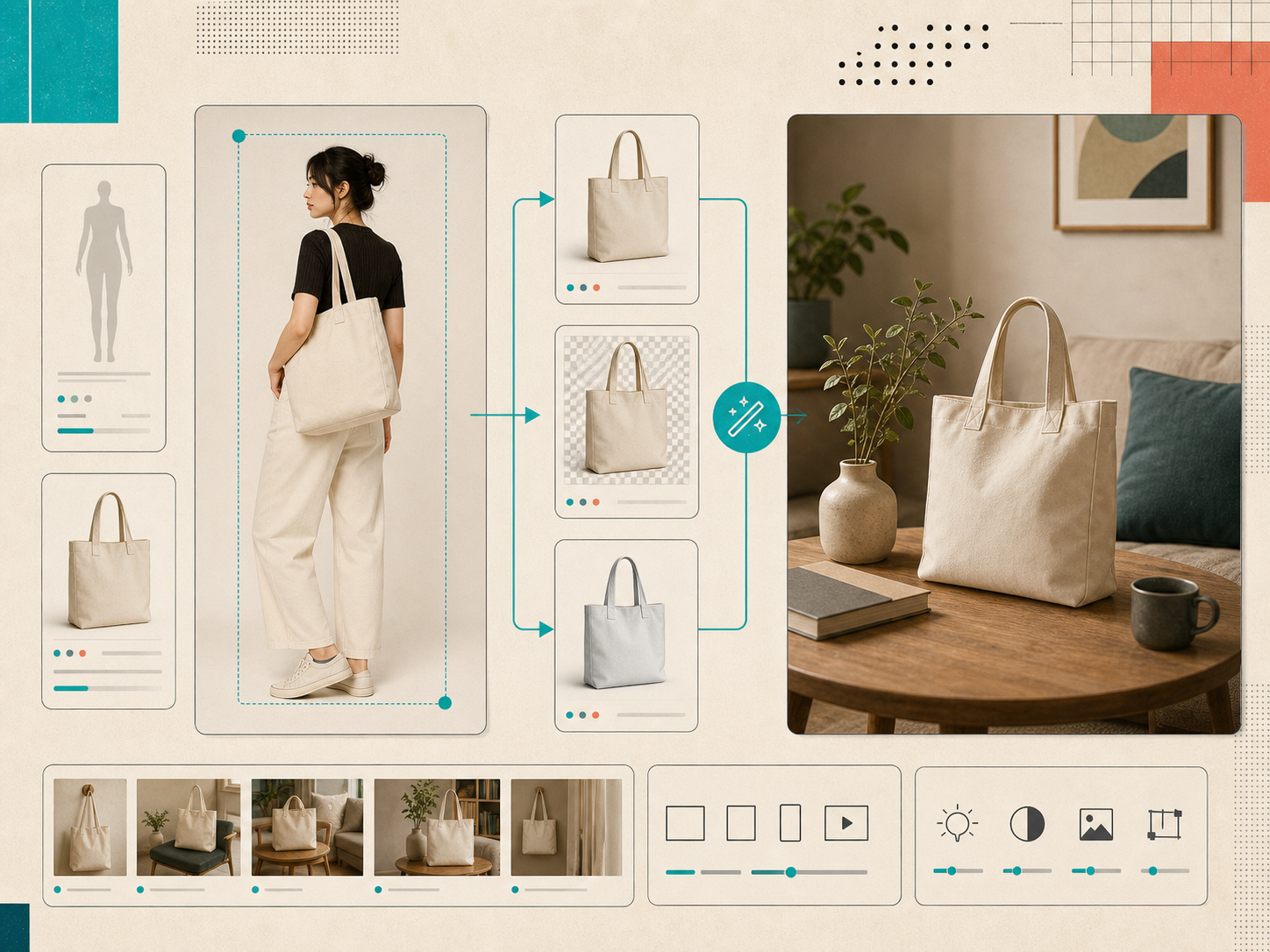 Try-on and object placement workflow for Shopify product photography