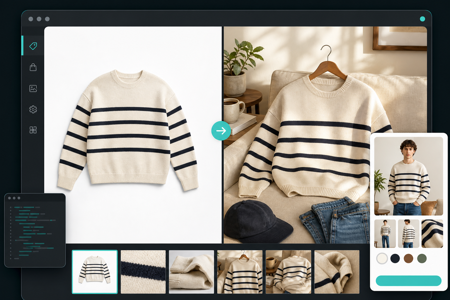Before and after workflow from plain product photo to lifestyle scene