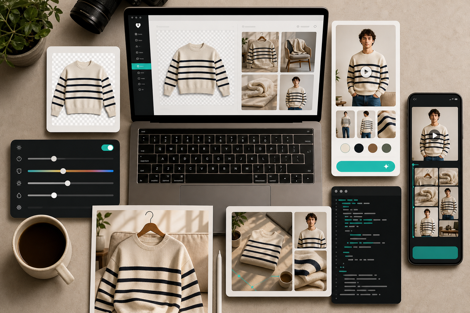 Workflow desk with product cutouts try-on previews and video storyboard