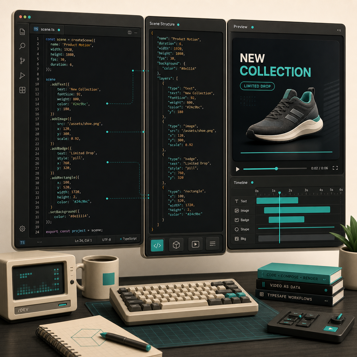 TypeScript authoring workspace with VideoFlow scene code and live preview