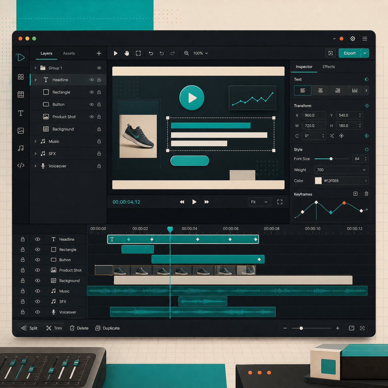 React video editor mockup with multi-track timeline and inspector controls