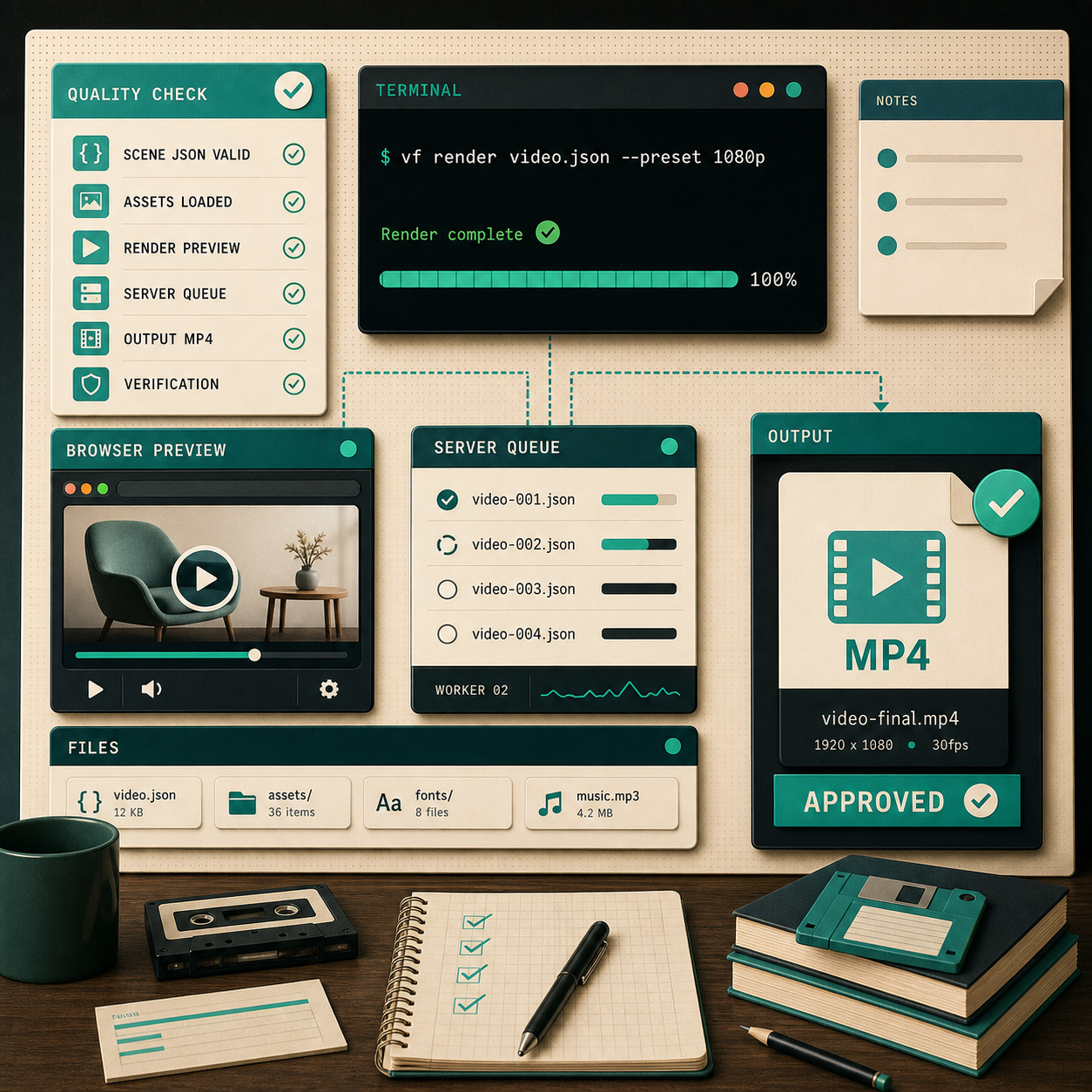Quality checklist and terminal render confirmation for a VideoFlow publish workflow