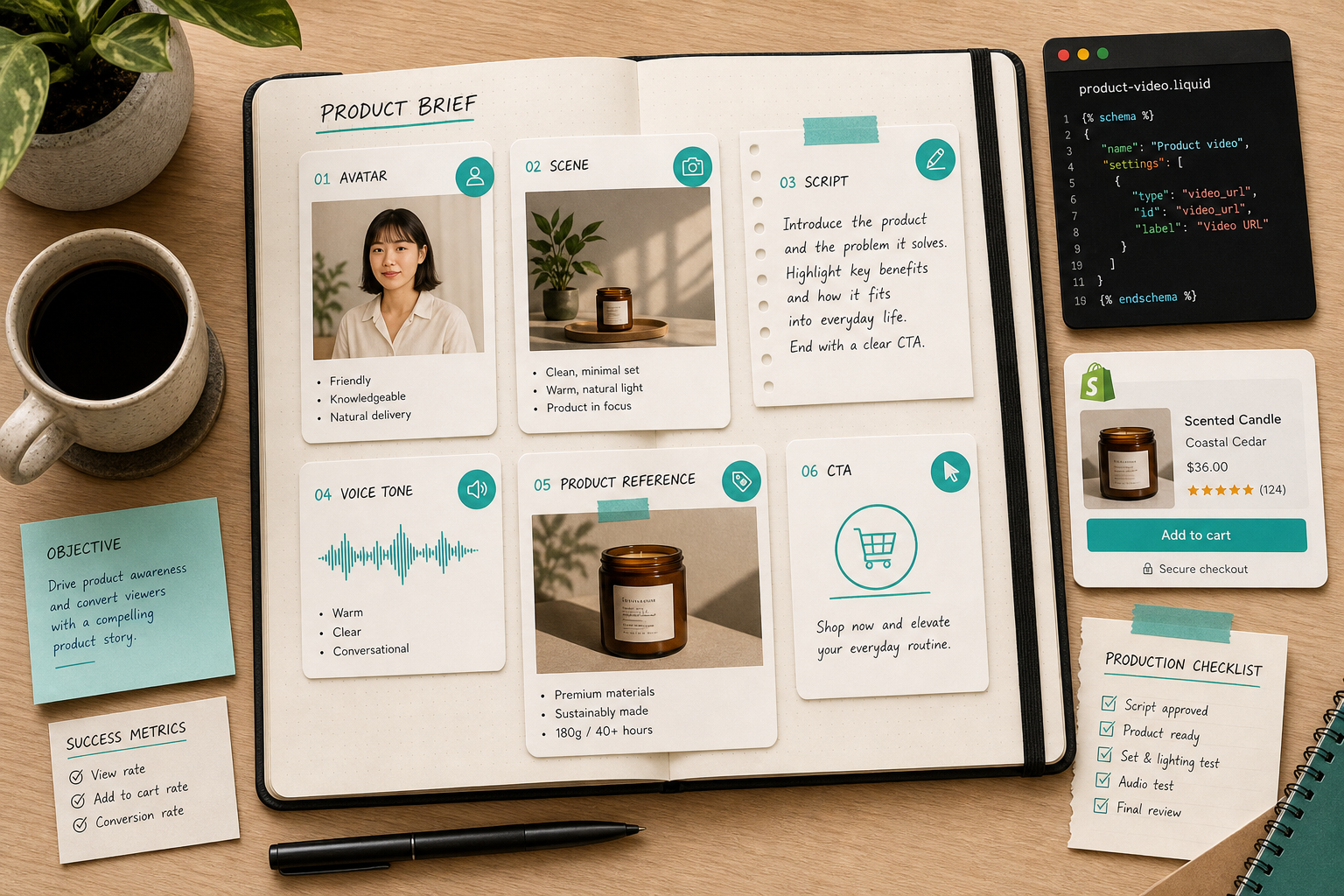 Retro ecommerce workspace with a Shopify product brief and AI video tools