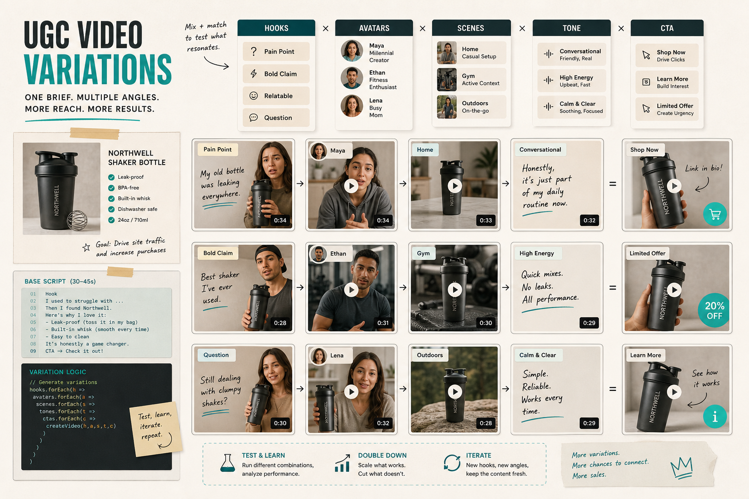 Product brief board for a reusable Shopify UGC video workflow