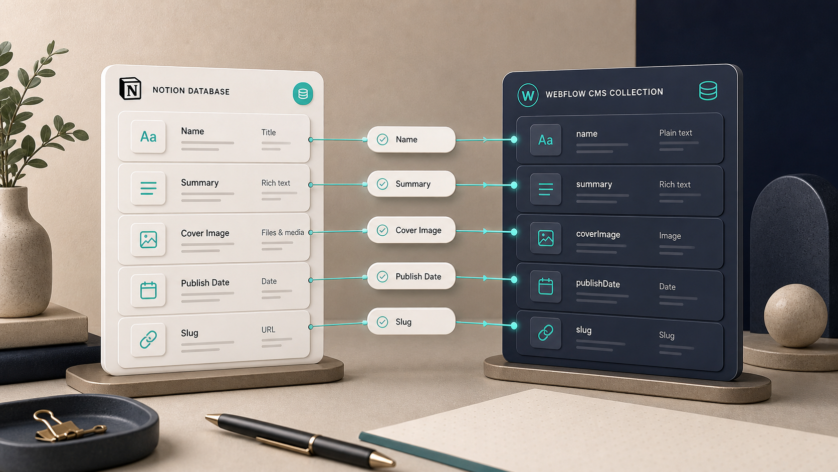 Field mapping workflow between Notion database fields and Webflow CMS fields