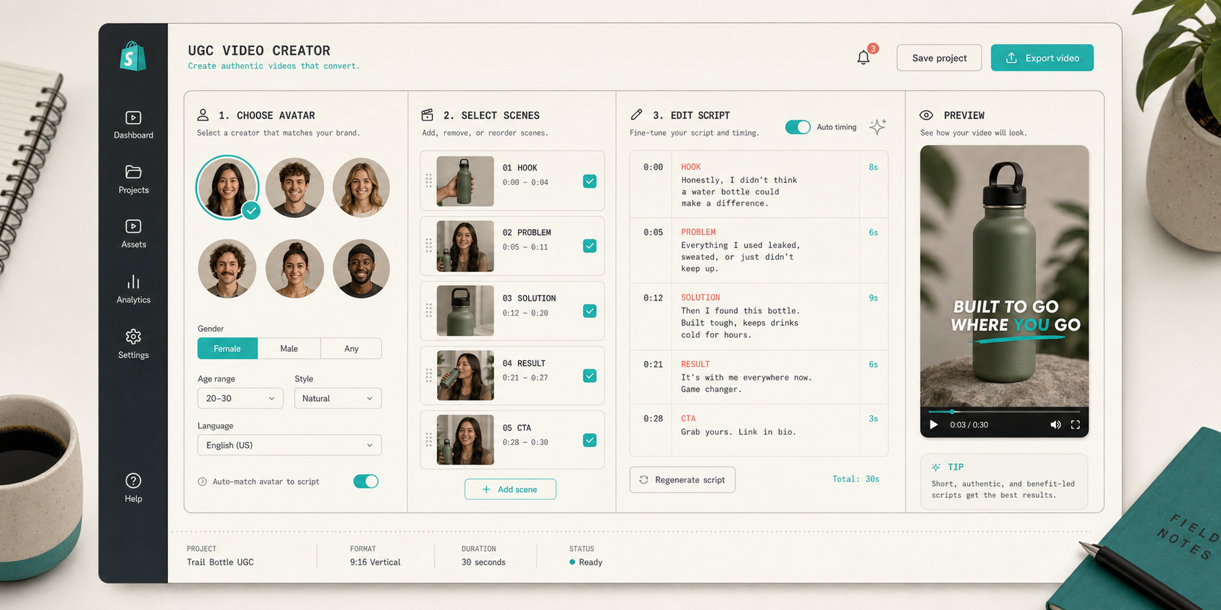 Avatar, scene, and script builder for a UGC video workflow