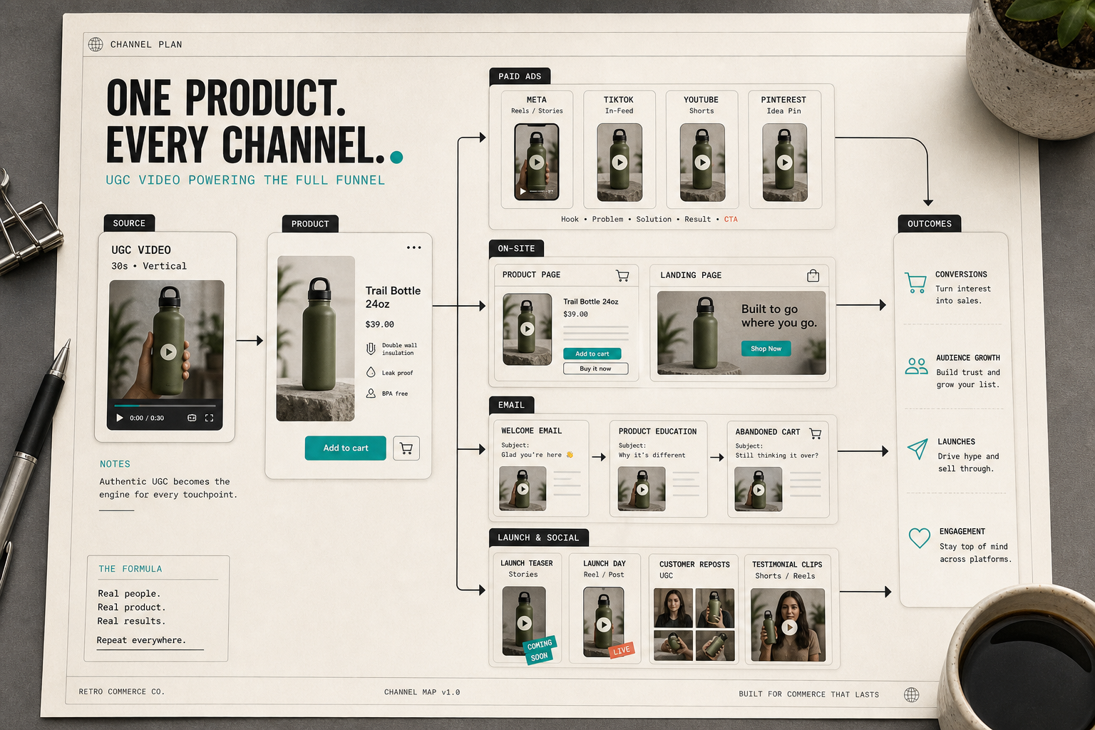 Channel plan for one product across ads, product pages, email, and launch